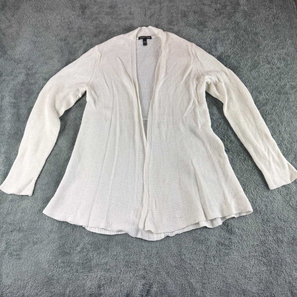 Eileen Fisher White Knit Open Front Cardigan Organic Linen Blend‎ Sweater XS TP